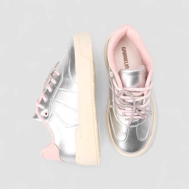 Tênis Casual Feminino Gabrielinha Metalizado Laço Strass Prata