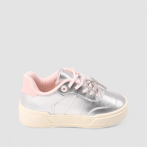 Tênis Casual Feminino Gabrielinha Metalizado Laço Strass Prata