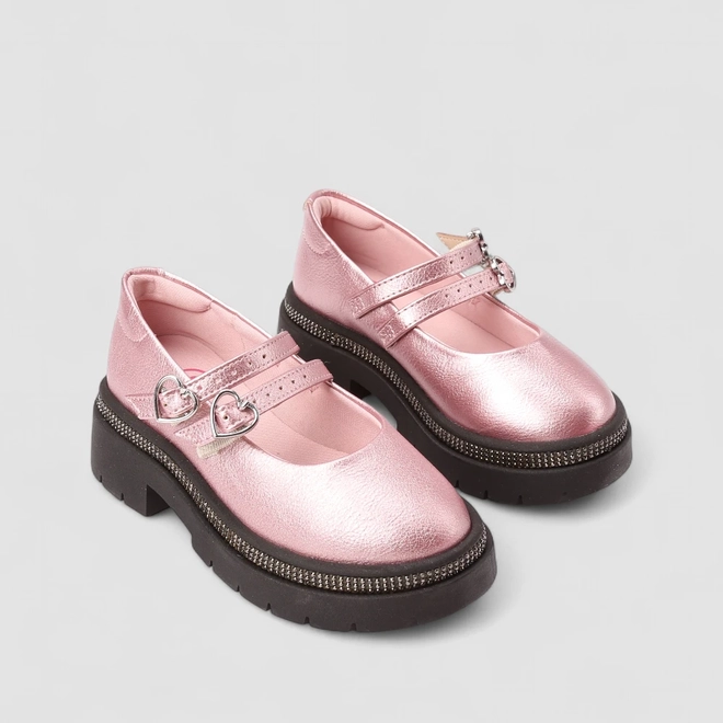 Mocassim Infantil Molekinha Fivela Dupla Corações Metalizado Rosa