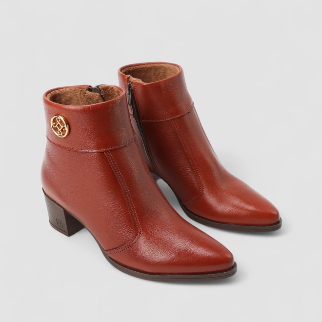Ankle Boot Feminina Pegada Original Couro Peluciada Salto Bloco Marrom