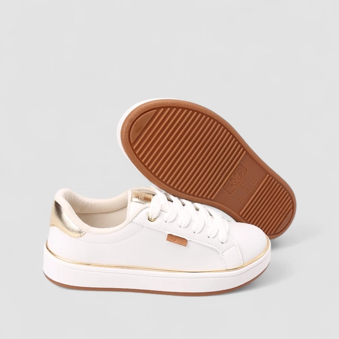 Tênis Casual Feminino Gabriela Detalhes Dourados Branco
