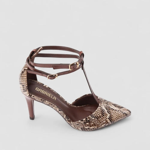 Scarpin Feminino Gabriela Salto Fino Médio Textura Cobra Marrom