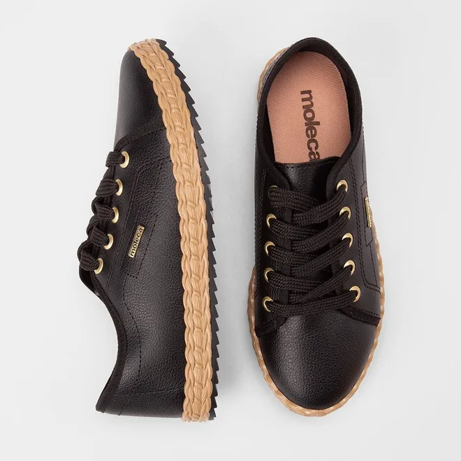 Tênis Casual Feminino Moleca Detalhe Trançado Preto