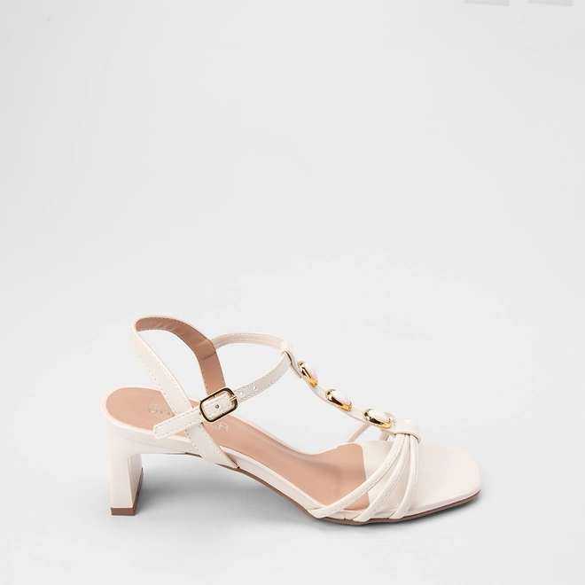 Sandália Feminina Gabriela Salto Reto Detalhe Tiras & Pedraria Off White