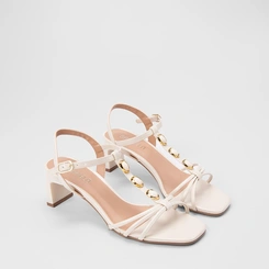Sandália Feminina Gabriela Salto Reto Detalhe Tiras & Pedraria Off White