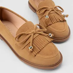 Mocassim Feminino Gabriela Camurça Detalhe Laço Bege