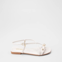 Sandália Rasteira Feminina Penélope Tiras Cruzadas Tachas & Pedraria Branco