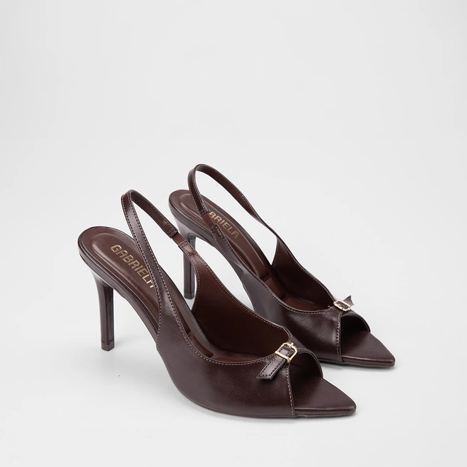Peep Toe Slingback Feminina Gabriela Enfeite Fivela Marrom