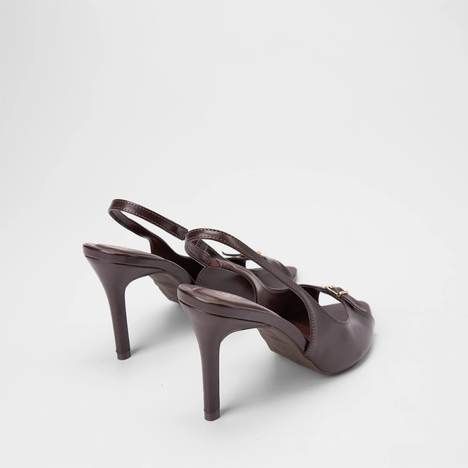 Peep Toe Slingback Feminina Gabriela Enfeite Fivela Marrom