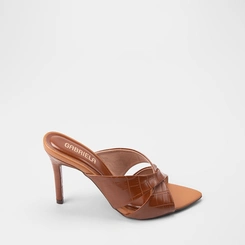 Tamanco Feminino Gabriela Tiras Cruzadas Textura Croco Marrom