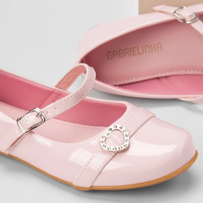 Sapatilha Boneca Infantil Gabrielinha Enfeite Coração Strass & Verniz Rosa