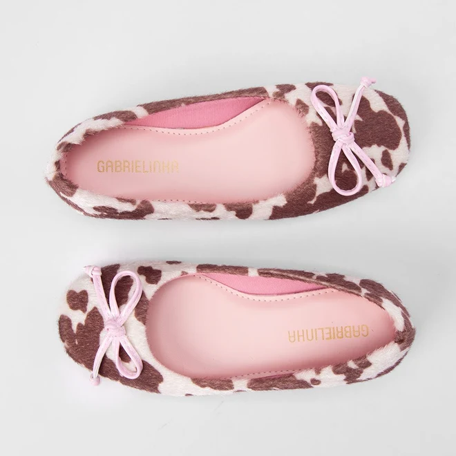 Sapatilha Boneca Infantil Gabrielinha Enfeite Laço Animal Print Vaca Off White