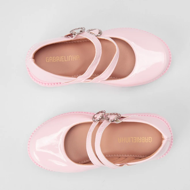 Sapatilha Boneca Infantil Gabrielinha Detalhe Coração Strass & Verniz Rosa