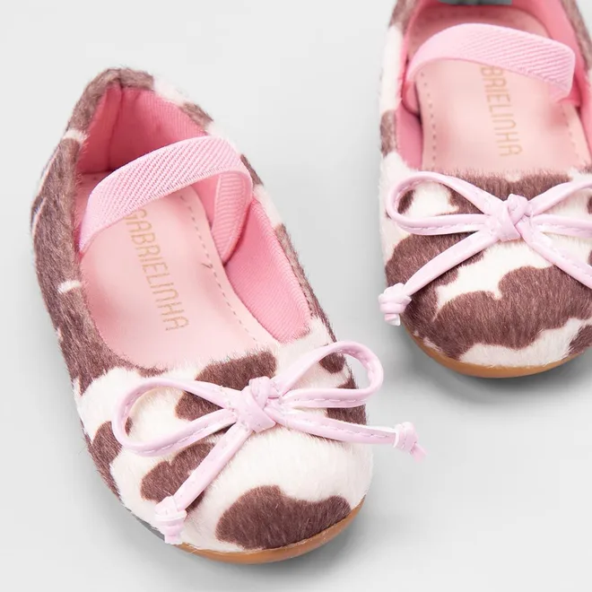 Sapatilha Boneca Bebê Gabrielinha Enfeite Laço Animal Print Vaca Off White