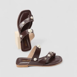 Rasteira Feminina Penélope Detalhe Tachas & Pedraria Marrom