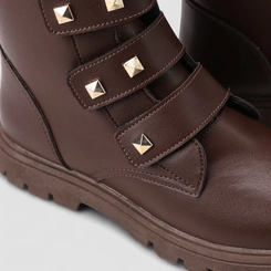 Bota Coturno Infantil Gabrielinha Tiras Contato Detalhe Tachas Marrom