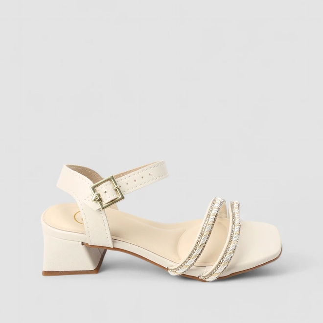 Sandália Infantil Molekinha Salto Bloco Tiras Strass Off White