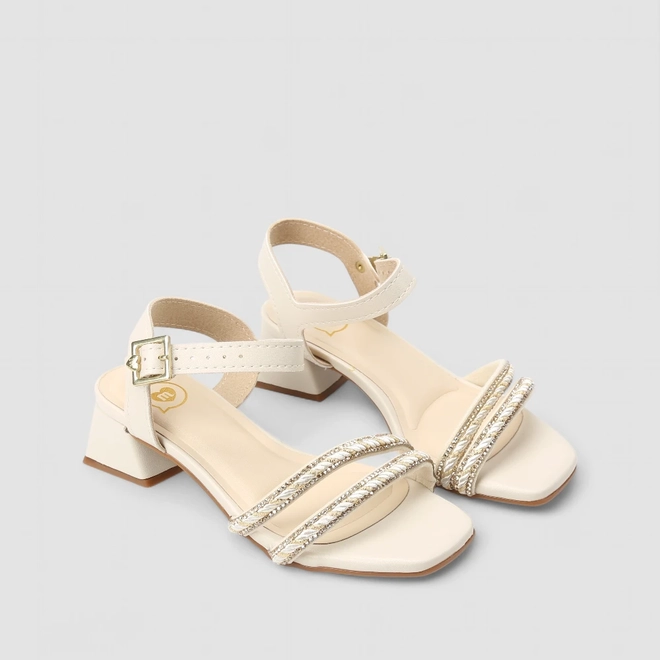 Sandália Infantil Molekinha Salto Bloco Tiras Strass Off White