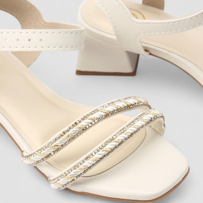 Sandália Infantil Molekinha Salto Bloco Tiras Strass Off White