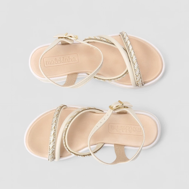 Sandália Infantil Molekinha Tira Strass Metalizada Creme