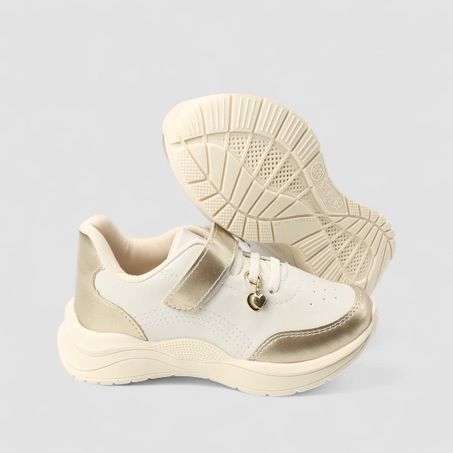 Tênis Casual Infantil Gabrielinha Coração Dourado Branco