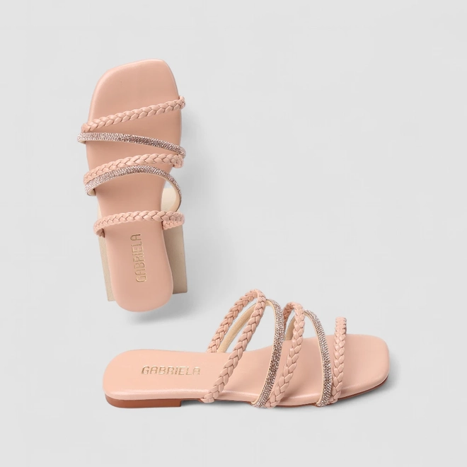 Rasteira Feminina Gabriela Multi Tiras Strass Rosa