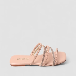 Rasteira Feminina Gabriela Multi Tiras Strass Rosa