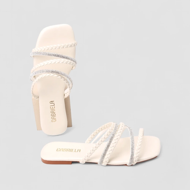 Rasteira Feminina Gabriela Tiras Brilho Off-White