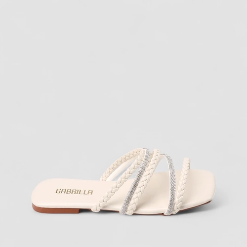 Rasteira Feminina Gabriela Tiras Brilho Off-White