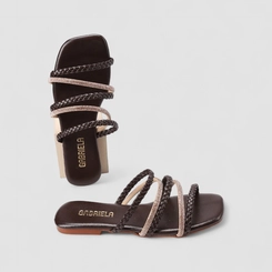 Rasteira Feminina Gabriela Multi Tiras Strass Marrom