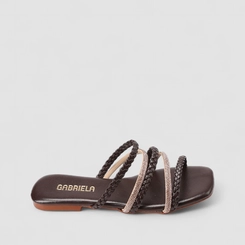 Rasteira Feminina Gabriela Multi Tiras Strass Marrom