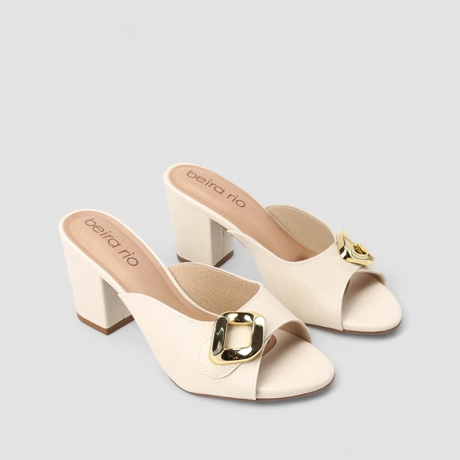 Tamanco Feminino Beira Rio Salto Bloco Fivela Off White