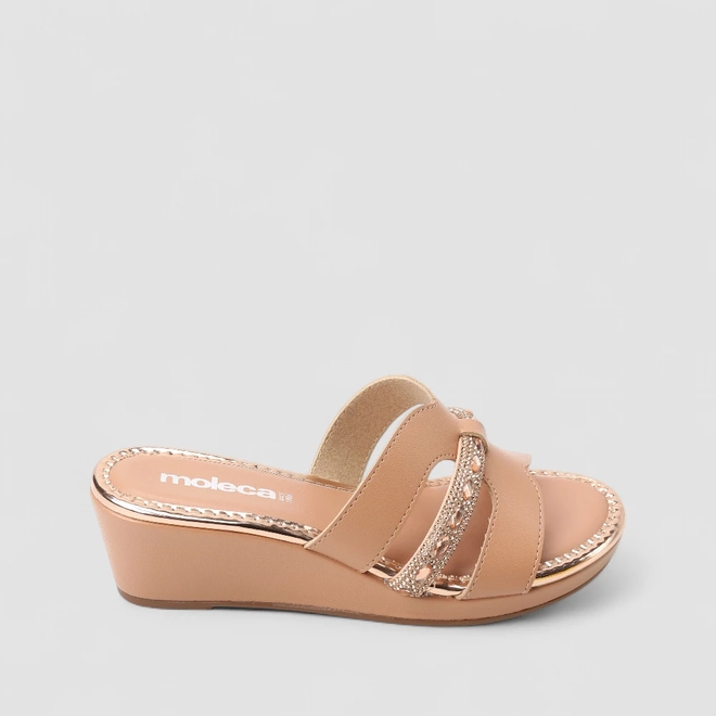 Tamanco Feminino Moleca Anabela Recorte Vazado Strass Nude