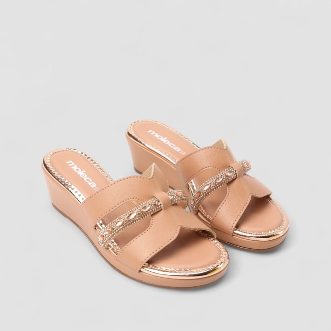 Tamanco Feminino Moleca Anabela Recorte Vazado Strass Nude