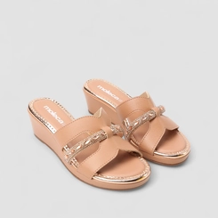 Tamanco Feminino Moleca Anabela Recorte Vazado Strass Nude