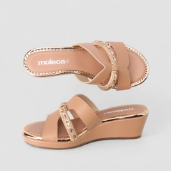 Tamanco Feminino Moleca Anabela Recorte Vazado Strass Nude