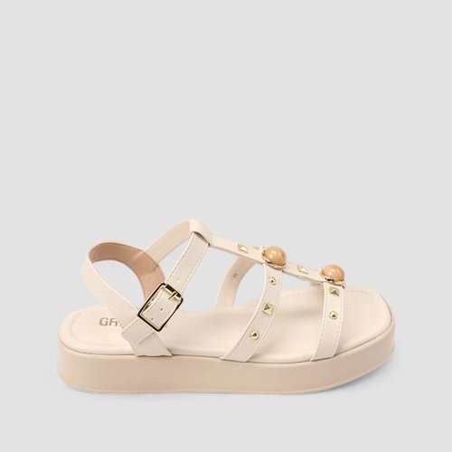 Sandália Feminina Gabriela Detalhe Tachas & Pedraria Off White