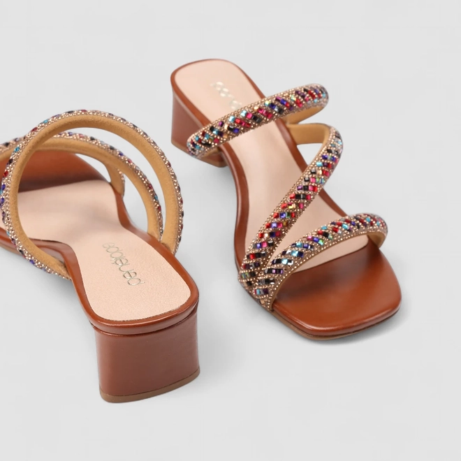 Tamanco Feminino Penélope Salto Geométrico Strass Colorido Marrom