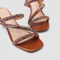 Tamanco Feminino Penélope Salto Geométrico Strass Colorido Marrom