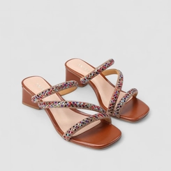 Tamanco Feminino Penélope Salto Geométrico Strass Colorido Marrom