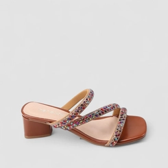 Tamanco Feminino Penélope Salto Geométrico Strass Colorido Marrom