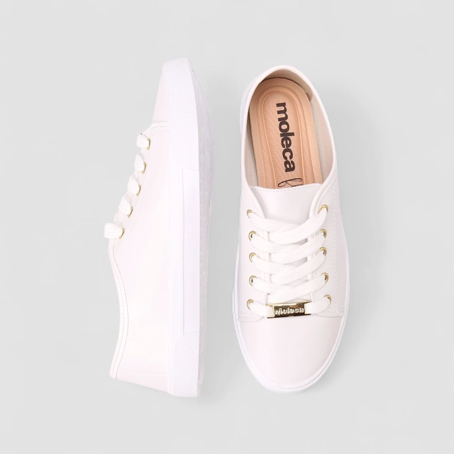 Tênis Casual Feminino Moleca Detalhes Dourados Branco