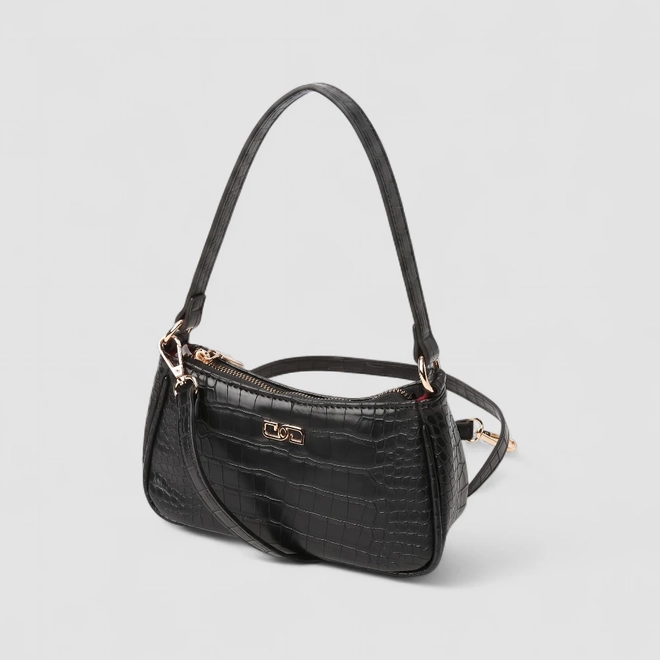 Bolsa Baguete Gabriela Pequena Transversal Textura Croco Preta