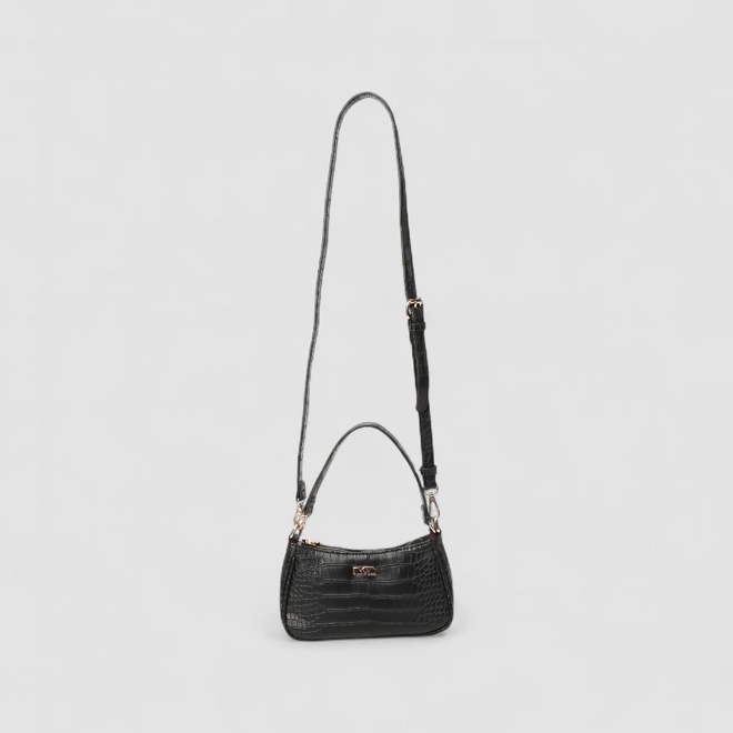 Bolsa Baguete Gabriela Pequena Transversal Textura Croco Preta