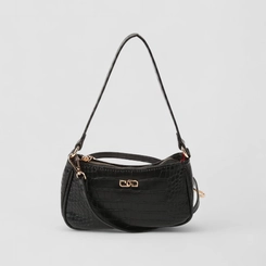 Bolsa Baguete Gabriela Pequena Transversal Textura Croco Preta