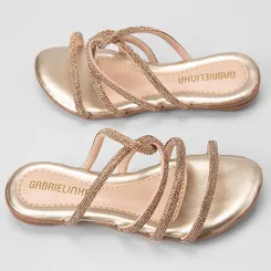 Rasteira Infantil Gabrielinha Multitiras Strass Metalizado Ouro