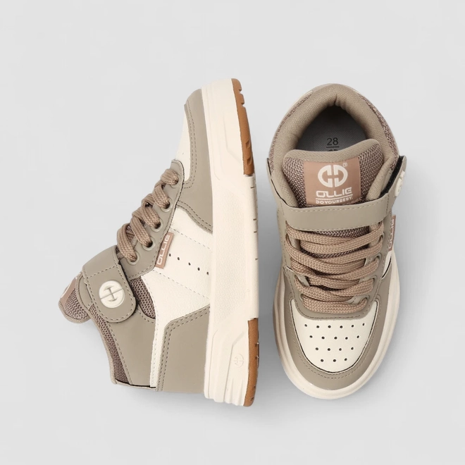 Tênis Casual Infantil Ollie Originals Cano Médio Nobuck Bege & Branco