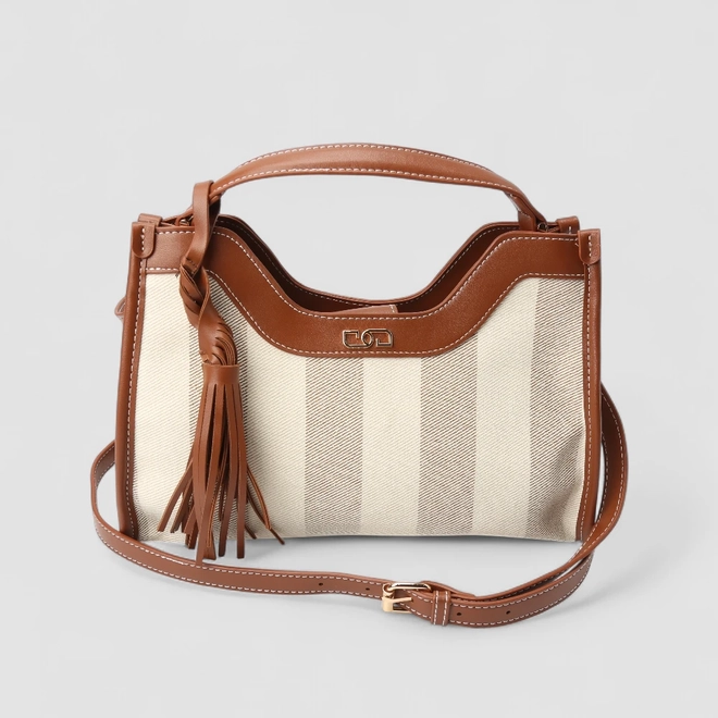 Bolsa Satchel Gabriela Média Listrada Tassel Marrom