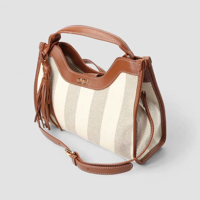 Bolsa Satchel Gabriela Média Listrada Tassel Marrom
