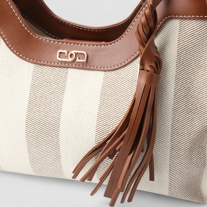 Bolsa Satchel Gabriela Média Listrada Tassel Marrom